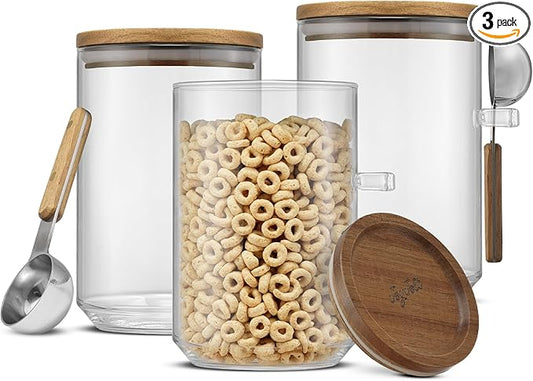 JoyJolt Holden 32oz Stackable Glass Storage Containers with Lids and Scoops, Airtight Food Canister Set of 3 w/Acacia Wood Lids, Round Stacking Pantry and Kitchen Containers w/Scoop | Clear