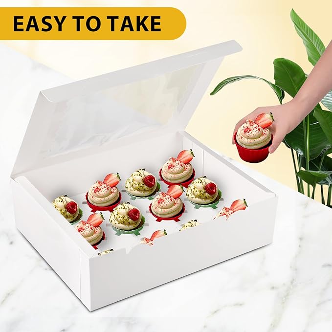 16 Sets of 12-Count White Cupcake Boxes with Window and Insert, 13x10x3.5 Inch, Suitable for Cupcakes, Muffins, and Cookies