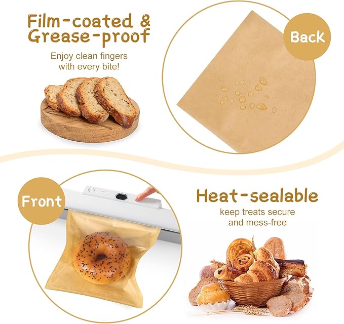 SUREHOME Paper Sandwich Bags 100 Pcs 7.1 X 7.5 In Kraft Brown Paper Bags with Window Individual Heat Seal Bakery Bag with Sticker Cookie Bag for Party Favors Snacks Treats Bread Baked Goods Packaging