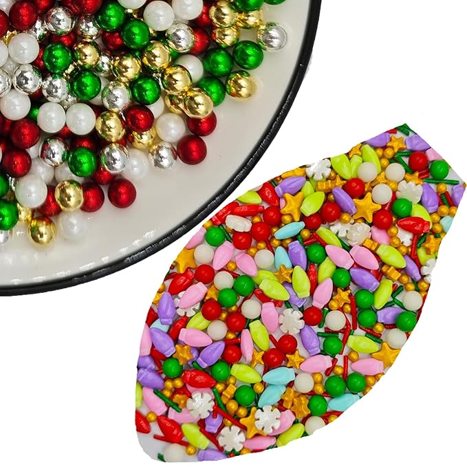 Colorful Christmas Lights & 7mm White Red Green Gold Silver Pearl Sugar Sprinkles, 4.6 oz Candy Bulbs for Cake Decorating and Cupcake Toppers, Cookie Decoration, Ice Cream Topping