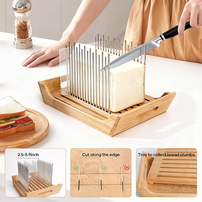 6 In 1 Homemade Bread Slicer With Bread Box For Homemade Bread，Adjustable 304 Stainless Steel Guide With Crumb Tray 2 Loaf Pan With Lid Mason Jars Basting Pastry Brush And Scraper Bread Loaf Slicer