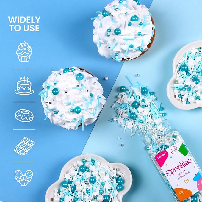 Blue Sprinkles for Cake Decorating, 3.52oz Blue and White Pearl Sprinkles, Bluey Sprinkles for Cupcakes Baking Ice Cream Cookie, Edible Star Sprinkles