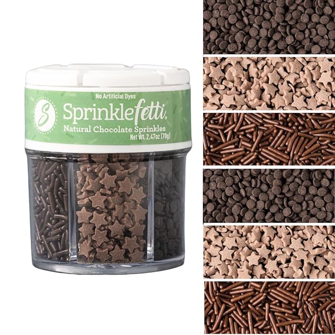 Sweets Indeed Dye-Free Chocolate Sprinkles – 2.75 oz 6-Cell Mix with Jimmies, Star Shapes & Confetti Circles | Natural Brown Sprinkle Set for Cookies, Cakes, Cupcakes & Dessert Decorating