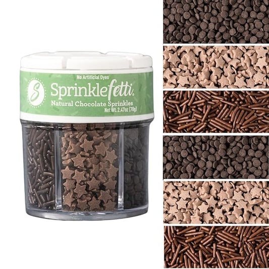 Sweets Indeed Dye-Free Chocolate Sprinkles – 2.75 oz 6-Cell Mix with Jimmies, Star Shapes & Confetti Circles | Natural Brown Sprinkle Set for Cookies, Cakes, Cupcakes & Dessert Decorating