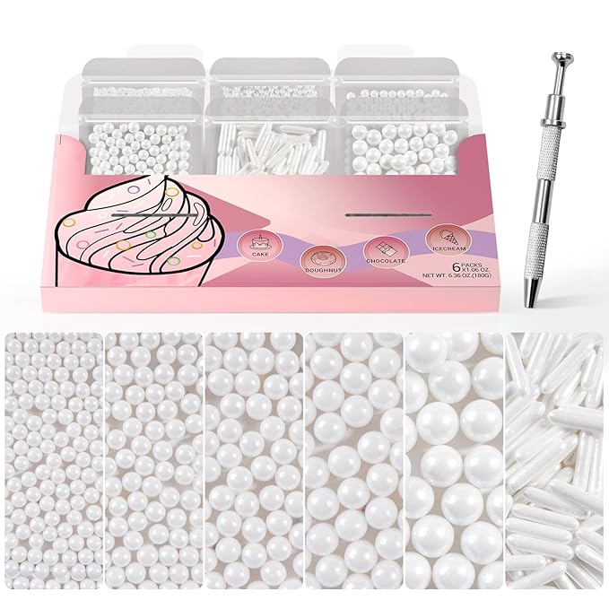 HUEBEATY 7-in-1 White Edible Pearls Sprinkles with Claw Sprinkle Pen – 180g/6.36oz White Cake Sugar Pearls 2mm to 10mm & Sugar Rods for Cake Decorating, Cupcakes, Cookies, Wedding & Valentines Desserts