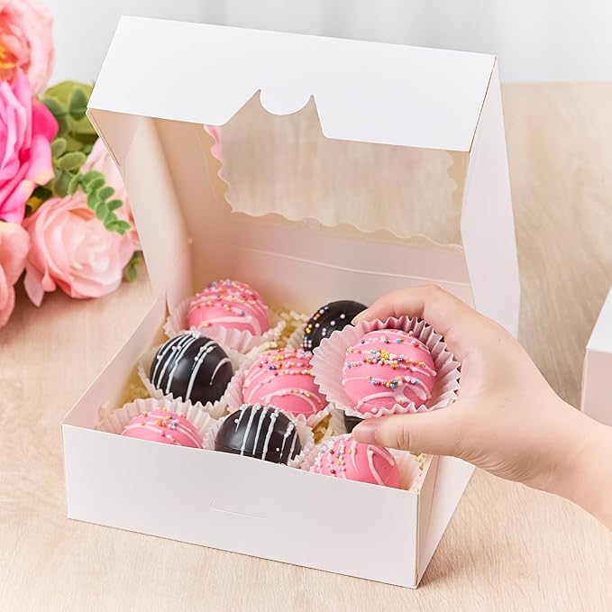 Kucoele 20 PCS Pie Boxes, 8 x 8 x 2.5 Inches Bakery Boxes with Window, Auto-Popup Cookie Boxes White Treat Boxes for Chocolate Strawberries, Pastries, Muffins, Donuts