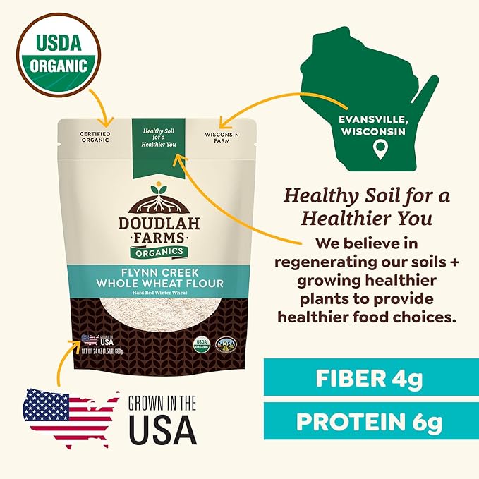 Organic Whole Wheat Flour 1.5 lb - Non-GMO, Pesticide-Free, Regenerative Organic Certified for Baking Bread, Pizza, Pasta, & More by Doudlah Farms