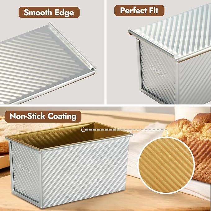 CURTA Pullman Loaf Pan with Lid 1 lb Dough Capacity Non-Stick Bakeware for Baking Bread, Corrugated sourdough bread pan, Silver 2pcs