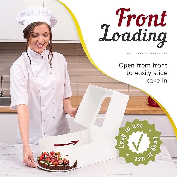 Premium Cake Boxes with Cake Boards Set - 12 Front-Loading Sturdy Cardboard Cake Boxes 10", 12 White/Gold Greaseproof Boards 10 Inch - Window Cake Box Set