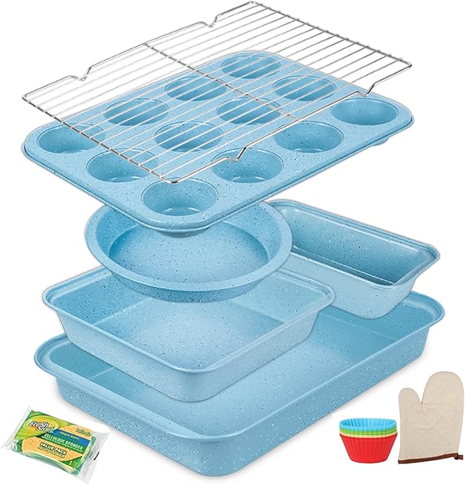 Blue Bakeware Set, 6-Piece Nonstick Baking Pans Set, Carbon Steel Oven Bakeware for Holiday Cookies & Festive Baking Gifts