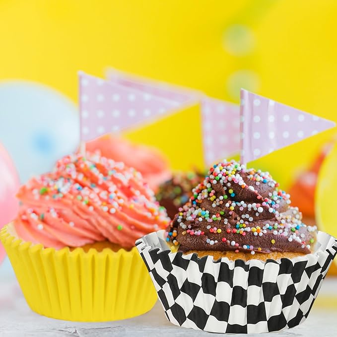 600 Pcs Race Car Cupcake Liner Paper Baking Cups Red Yellow Black White Checkered 4 Designs Muffin Liner Cake Storage Container for Birthday Party DIY Crafts Supplies, 2 x 1.2 Inch