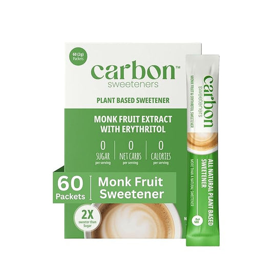 Carbon Sweeteners Monk Fruit Sweetener With Erythritol, White Sugar Substitute From Monk Fruit Extract, Classic White Sugar Replacement for Baking, Coffee & Tea, Gluten Free, Low Carb, Non GMO, Keto, 60 Count (Pack of 1)