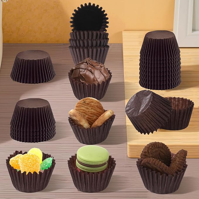 1000pcs Super Mini Cupcake Liners Small Muffin Liners 1inch Candy Paper Cups Cupcake Wrapper Baking Cups for Baby Shower Wedding Birthday Party Decor, Brown