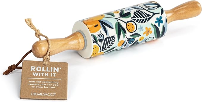 Demdaco Rolling Pin For Cooking and Baking, 9 Inch Ceramic Stoneware With Wooden Handles, Citrus Blooms