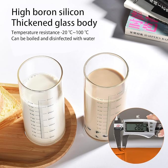 Graduated Glass Drinking Cup, High Borosilicate Glass Measuring Cup for Elderly, Beginners, Weight Loss, Straight Clear Glasses with Measurements for Water, Milk, Juice, Milkshake, Coffee (350 ml)