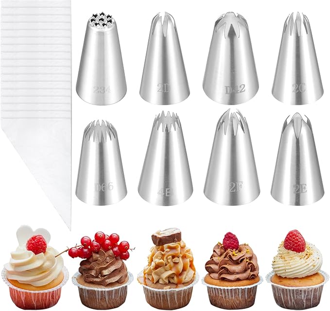 8 PCS Large Piping Tips Set with Bags, Frosting Piping Kit, Stainless Steel Icing Tips for Cake Decorating, Frosting, Multi-opening, Various Models