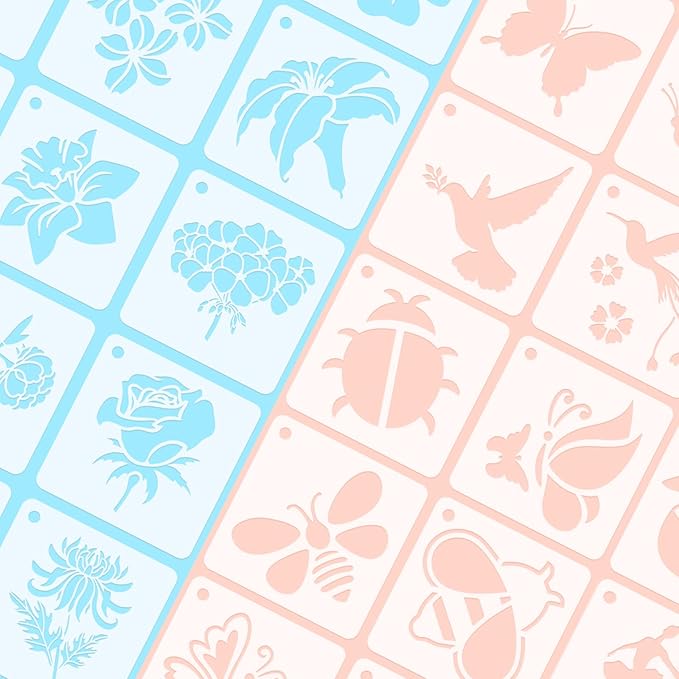 Augshy 56 Pack Flower Stencils for Wood, Butterfly & Bird Stencils for Wall & Floor Decor DIY Rock Dot Painting Art Projects (3inch)
