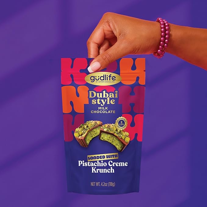 Gudlife Dubai Style Milk Chocolate Pistachio Crème Cups | Gourmet Belgium Milk Chocolate with Rich Pistachio Crème | 8 Mini Cups | 4.2oz Bag