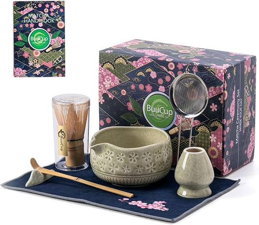 Matcha Whisk Set, Ceramic Matcha Kit Set Includes Matcha Bowl, Matcha Whisk and Holder, Bamboo Scoop, Scoop Rest, Sifter and Tea Towel - 7 Pcs Matcha Kit for Matcha Lovers (Mottled Green)