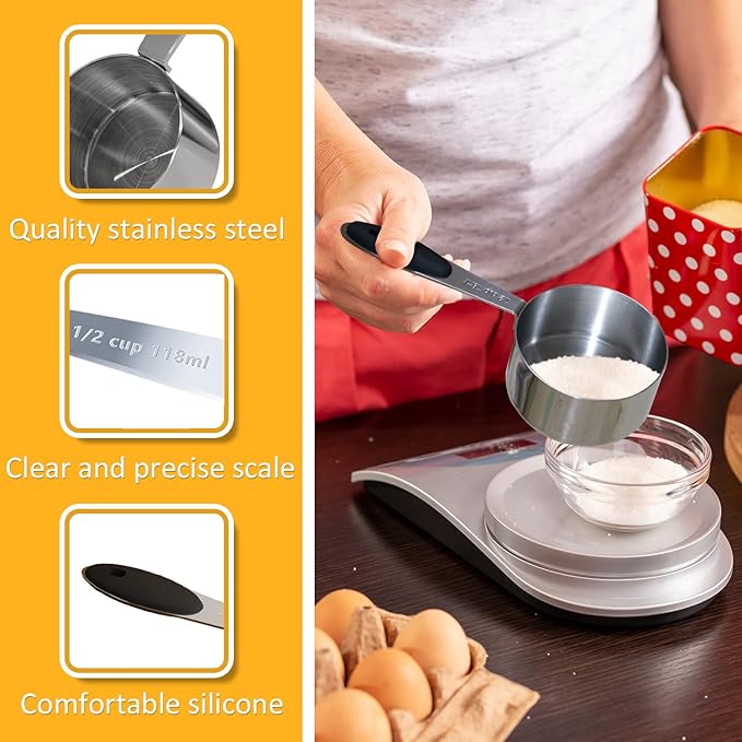 2PCS 1/2Cup (118ml, 4oz) Single Measuring Cup with Black Silicone Grip, Stainless Steel Individual Measure Scoop Only