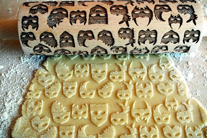 Embossing Rolling Pin CARNIVAL MASKS. Laser Engraved Rolling pin with MASKS Carnival - Gift for friend by Algis Crafts