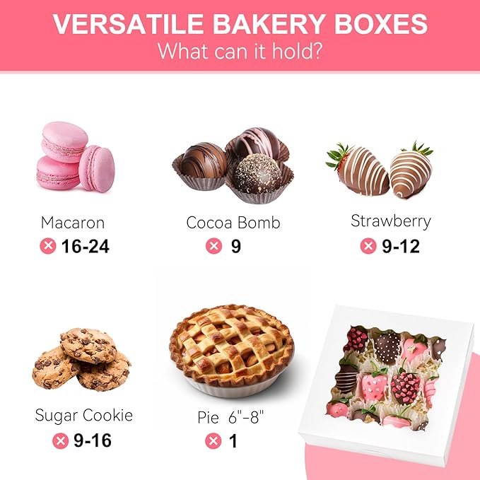 Kucoele 20 PCS Pie Boxes, 8 x 8 x 2.5 Inches Bakery Boxes with Window, Auto-Popup Cookie Boxes White Treat Boxes for Chocolate Strawberries, Pastries, Muffins, Donuts