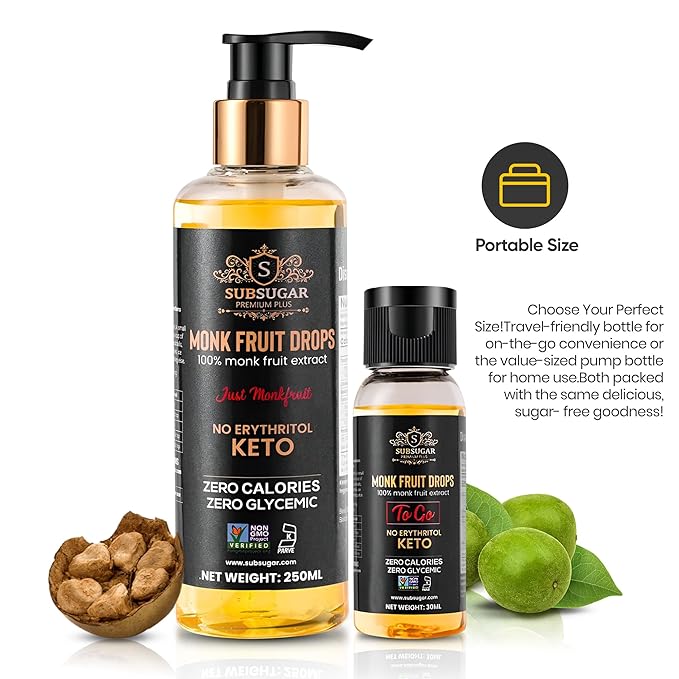Subsugar Monk Fruit Sweetener No Erythritol, Monkfruit Liquid drops Volume: 250ml Weight: about 10 oz