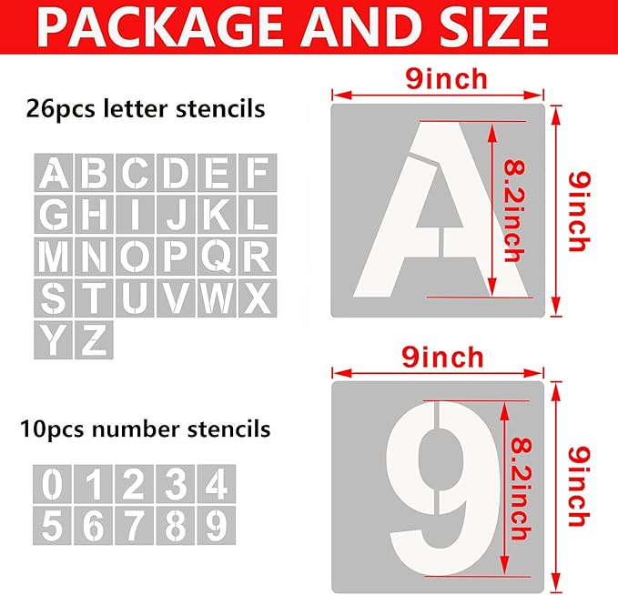 YEAJON 36 Pcs Letter Stencils and Numbers, Alphabet Craft Stencils, Reusable Plastic Stencils for Painting on Wood, Wall, Fabric, Rock, Chalkboard, Signage, DIY School Art Projects (9 Inch)