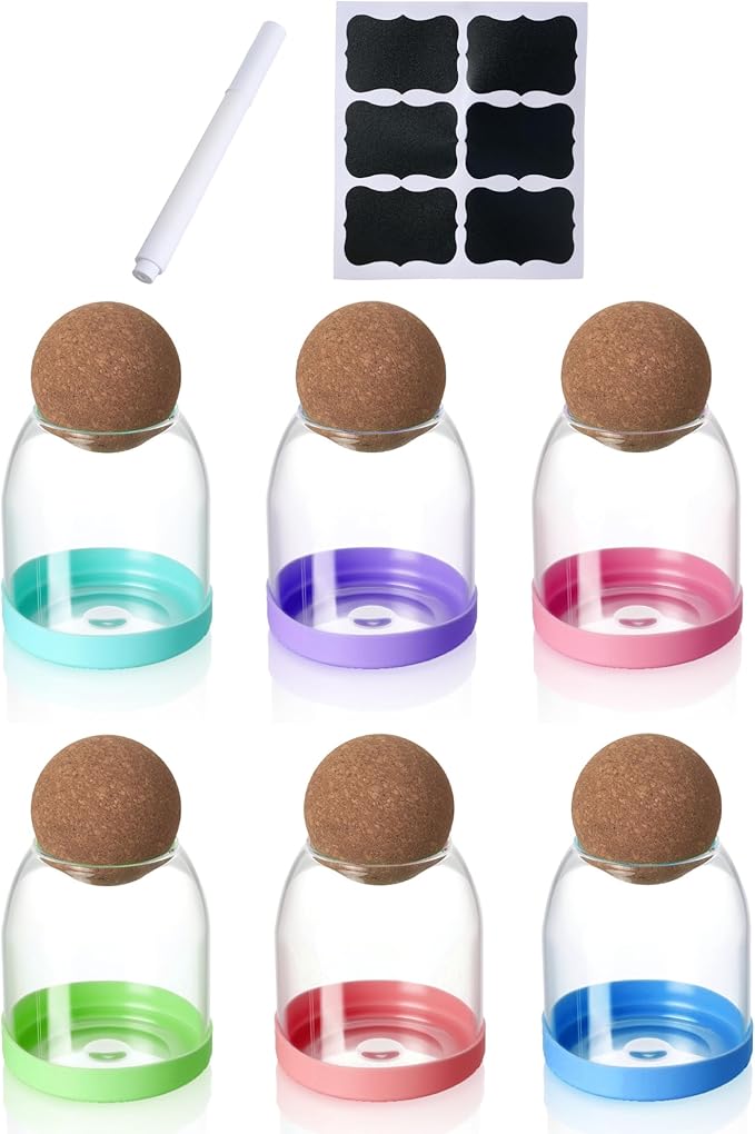 6 pcs Glass Storage Container with Ball Cork Glass Jars with Cork Lids Glass Food Storage Containers with Ball Stopper Coffe Canister for Oats, Coffee, Spices, Candies, Flour 17oz/500ML