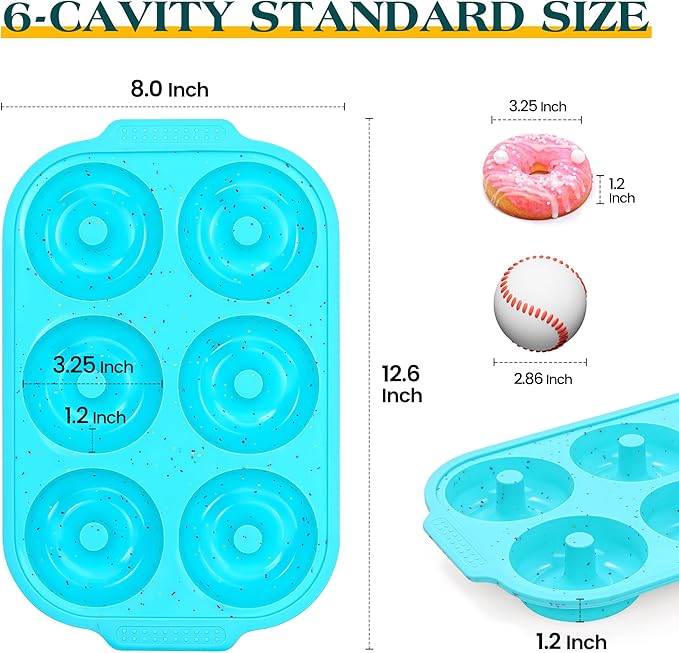 Silicone Donut Pan for Baking with Metal Reinforced Frame, Nonstick 3.25 inch Doughnut Baking Pans, 6 Cavity Donut Trays, Make Perfect Bagels and Cake Donuts (Aque+Cream)