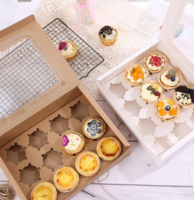 10-Set Cupcake Boxes Bulk with Clear Display Window Hold 12 Standard Cupcakes, Disposable Food Grade White Cupcake Carrier Cupcake Container, Perfect for Cupcakes Muffins Cookies Pastries