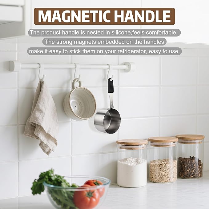 Magnetic Measuring Cups, 1 Cup Stainless Steel Measuring Cup, Dog Food Scoop for Wet & Dry Ingredients， Long Handle, Dishwasher Safe