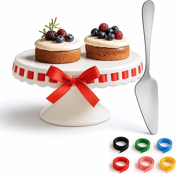 CERAMIC Cake stand,( 8 inch small cake stand ) cake pedestal stand with ribbons, cake stands for party or birthday, white cake platter - cake display stand for wedding reception, pie stand