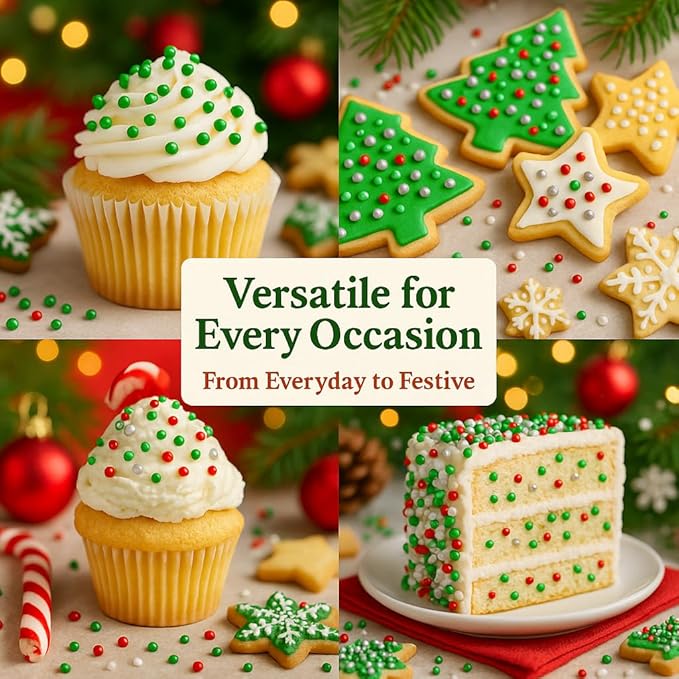 Confect Edible Pearl Sprinkles – Festive Mix of Red, White, Silver & Green Disco Ball Sprinkles – Cake & Cupcake Toppers for Baking, Decorating, and Party Treats- 5 Oz