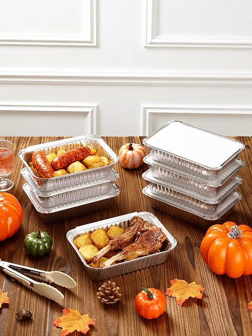 50 Pack 8x6 Disposable Aluminum Pans with Lids Aluminum-Foil-Pans-Tin-Foil-Baking-Pans-Tin-Trays-Food-To-Go-Containers-for-Meal-Prep-Cooking-Roasting-Heating-Takeout