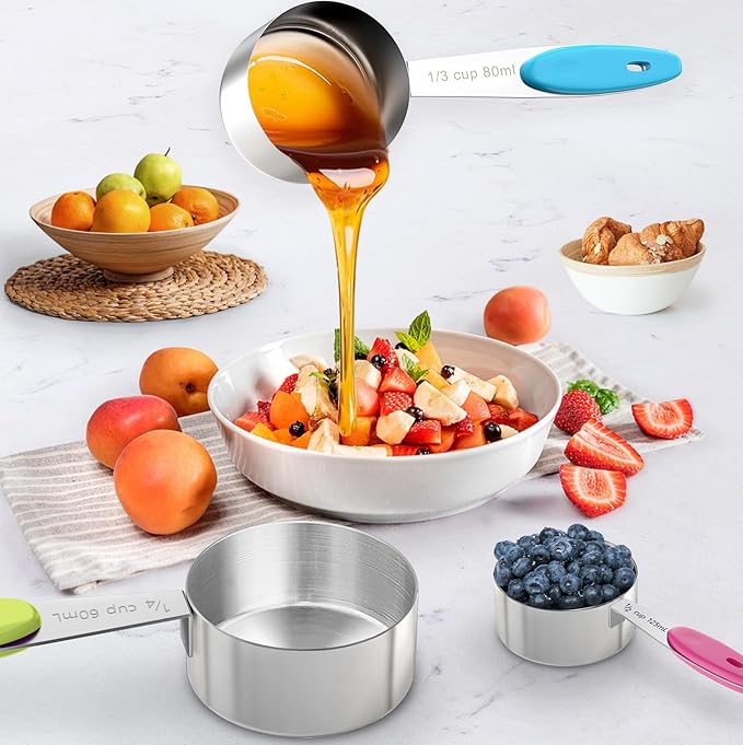 13-Piece Measuring Cups and Magnetic Spoons Set, 5 Stainless Steel Measuring Cups, 7 Double-Sided Magnetic Measuring Spoons & 1 Leveler for Cooking and Baking (5+7+1)