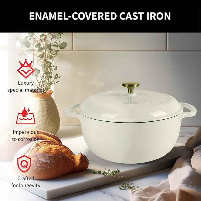 Premium Enameled Cast Iron Dutch Oven for Bread Baking | Non-Stick 5.5QT Oval Bread Oven with Lid | Perfect for Sourdough, Loaf, and Artisan Baking (Round Cream, 5.5 QT)