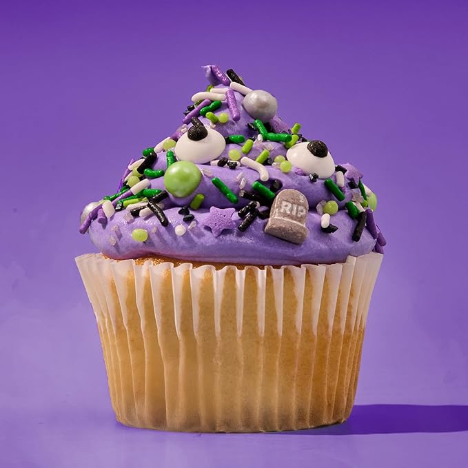 Fancy Sprinkles Graveyard Shift Purple and Green Crunchy Sprinkles, Plus Candy Eyeballs, Ghostly Confetti, and Eerie Tombstone Shapes (0.5c)