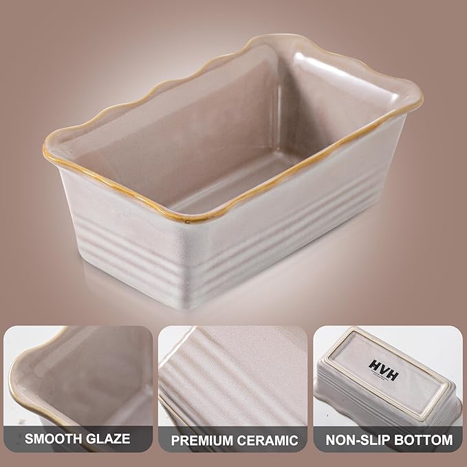 HVH Ceramic Loaf Pan for Baking Bread, Rectangular Baking Bread Loaf Pan, 9 x 5 inch Bread Pan, Bread Baking Pan for Cooking, Wave Series, Farmhouse Style (Sand Color)