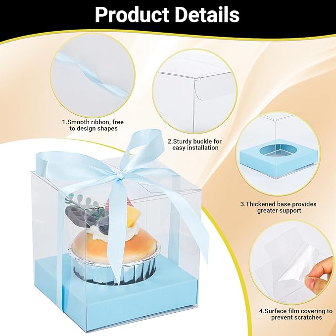EUSOAR Individual Cupcake Boxes, 50 Packs 3.5 Inch Muffins Gift Wrappers Cake Containers with Inserts and Ribbon, Dessert Pastry Holder Disposable Cookies Carrier for Wedding Party Favor Bakery-Blue