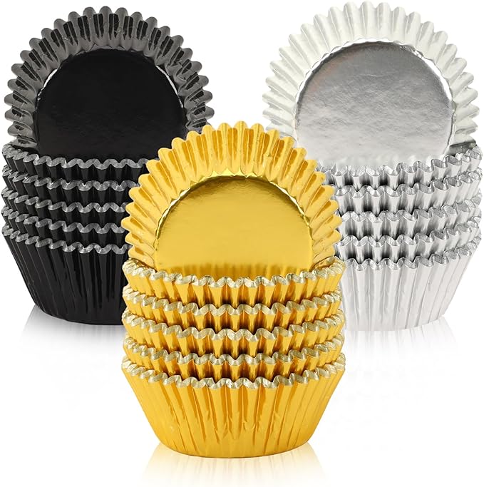 SANNIX 450Pcs Graduation Foil Cupcake Liners Black Gold Silver Cupcake Wrappers Foil Metallic Muffin Liners Baking Cups for Graduation Birthday New Year Party Decorations Supplies