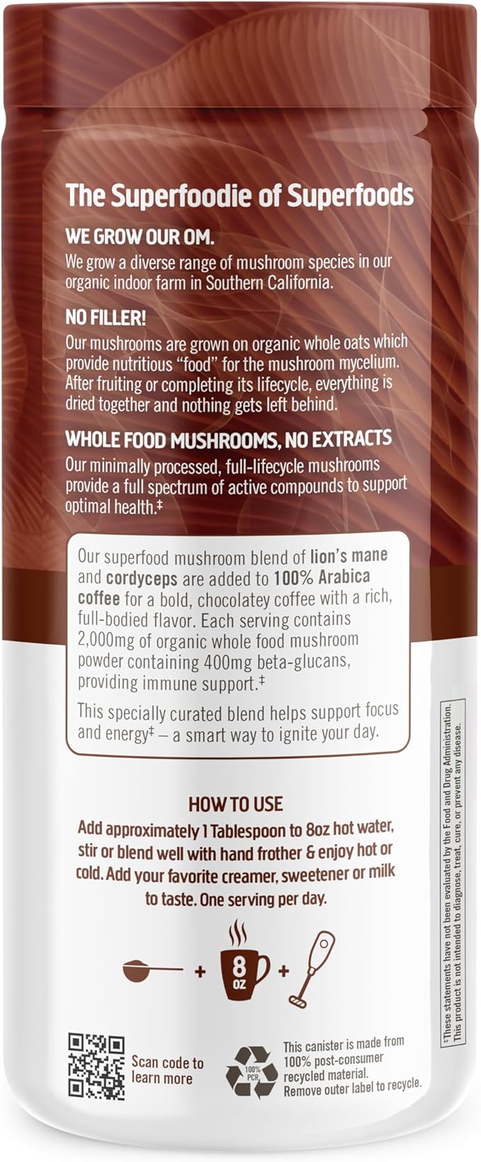 OM MUSHROOM SUPERFOOD Coffee Blend – Organic Arabica with Lion’s Mane, Cordyceps, Reishi, Turkey Tail & Ginkgo – Supports Energy, Focus & Clarity – 6.24 oz Canister (30 Servings)