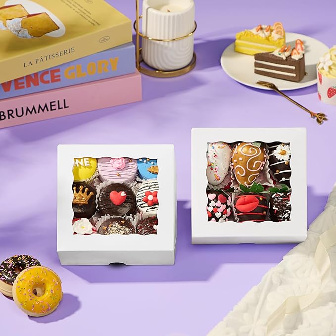 RomanticBaking 101PCS 5x5x2 Inch Cookies Boxes with Clear Window for Bakery, Strawberries, Chocolate Bomb, Cakesickle, Mini Cake, Cinnamon Roll