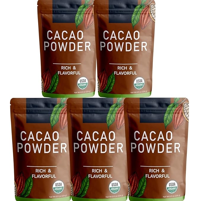 226g/5pack, Ultra-Fine Organic Cacao Powder ， Gourmet Baking Grade, Non-Alkalized Pure Cocoa for Brownies & Cookies, Dairy-Free, Vegan Certified, Resealable Bag