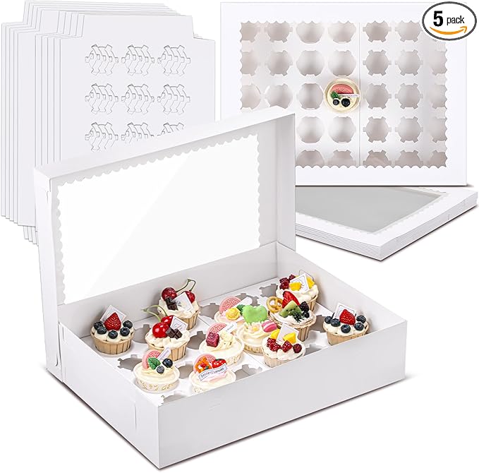 5 Pack 35 Count Cupcake Boxes, Mini Cupcake Containers, 16.9 x 13 x 4 Inch White Disposable Bakery Boxes with Window and Inserts for Birthday Holiday Party Bakery Desserts
