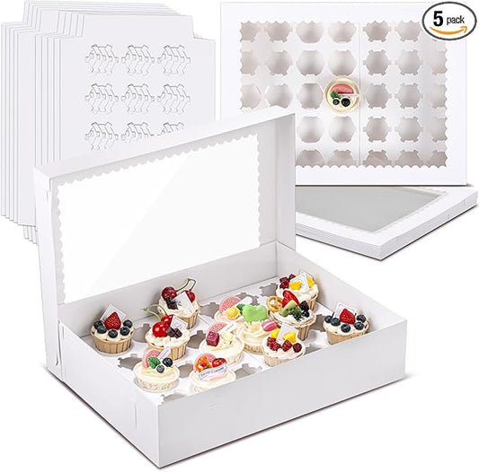 5 Pack 35 Count Cupcake Boxes, Mini Cupcake Containers, 16.9 x 13 x 4 Inch White Disposable Bakery Boxes with Window and Inserts for Birthday Holiday Party Bakery Desserts