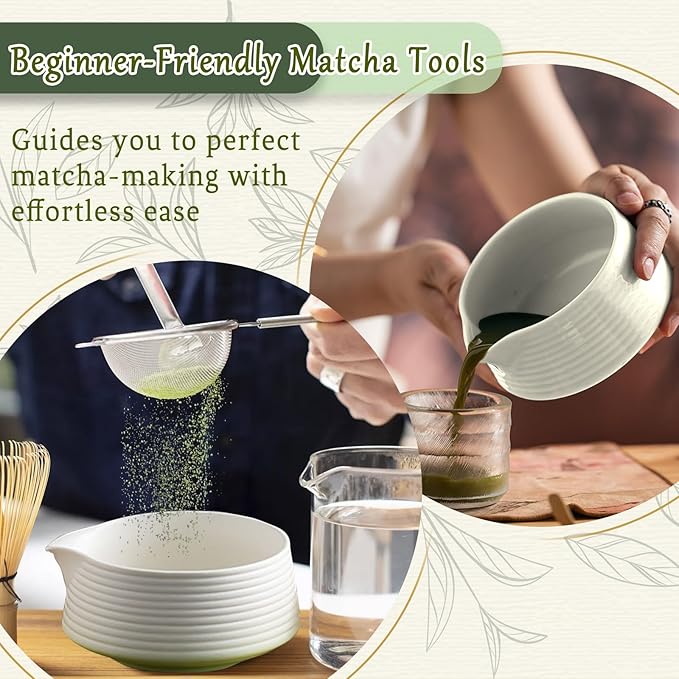 8 Pcs Matcha Whisk Set Chasen Matcha Whisk Bamboo Bowl with Spout Sifter Spoon Scoop Whisk Holder Bamboo Mat Complete Matcha Making Kit (Green)