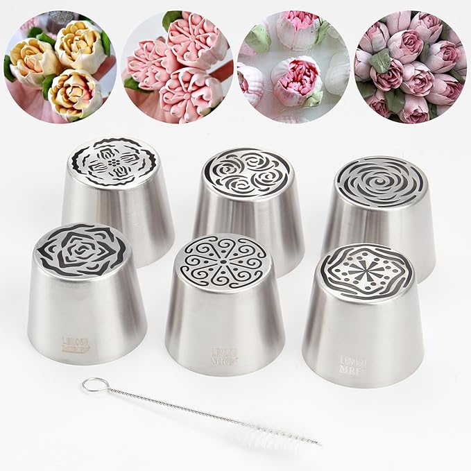 Extra Large Russian Piping Tip Set - 6 Stainless Steel Marshmallow Buttercream Framing Nozzles for 3D Roses Tulip Cake Decorations and Marshmallow Bouquets, Includes 1 Cleaning Brush(6G)