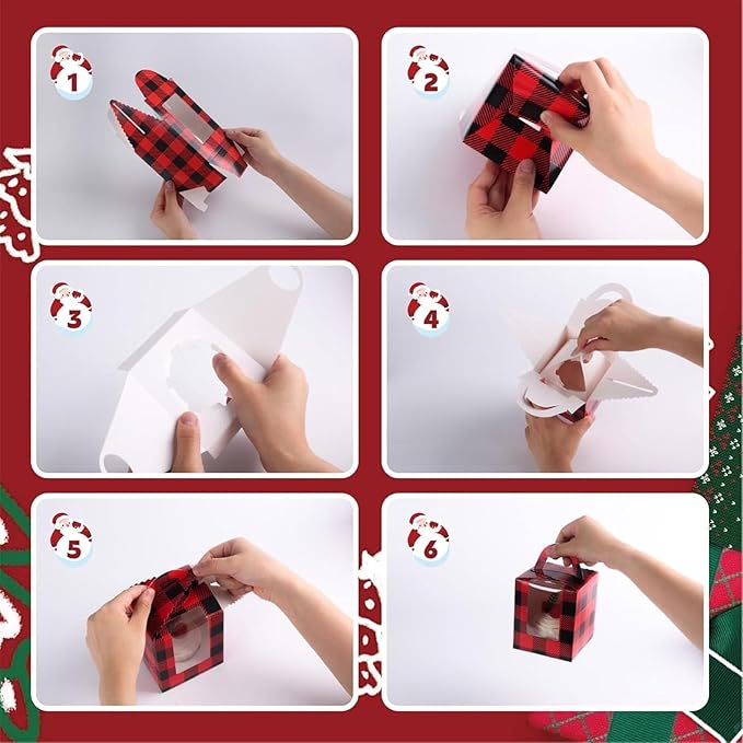 20PCS Christmas Cupcake Boxes, Cookie Boxes with Window Insert Handle Plaid Bakery for Christmas Muffin Pastry Treat Gift Party Favors 3.7" x 3.7" x 4.3"