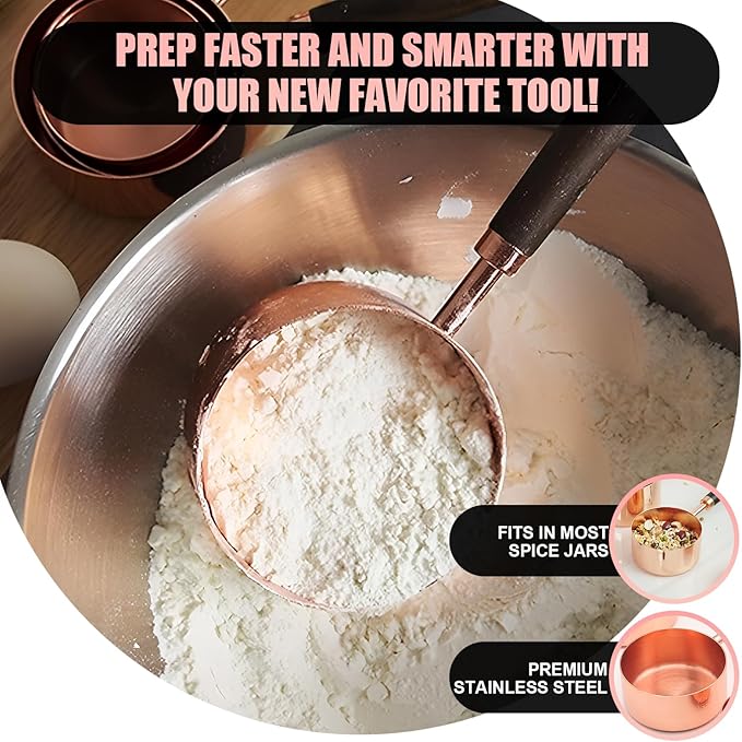SHIKORI Gold Measuring Cups and Spoons Set with Wood Handles, Premium Stainless Steel Measuring Spoons and Measuring Cups Set, For Cooking and Baking in the Kitchen-Rose Gold-4Cups